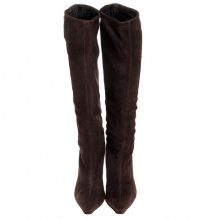 Jimmy Choo Brown Suede Leather Knee Length Pointed Toe Boots Size 38.5 Bon état - En vente à Dubai, Al Qouz 2