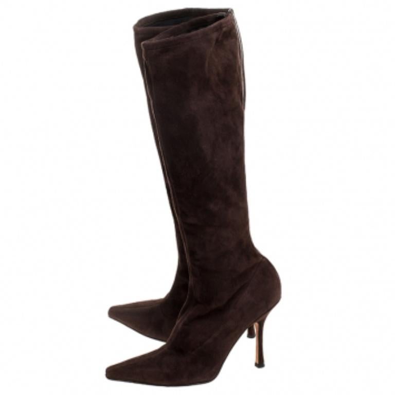 Jimmy Choo Brown Suede Leather Knee Length Pointed Toe Boots Size 38.5 Pour femmes en vente