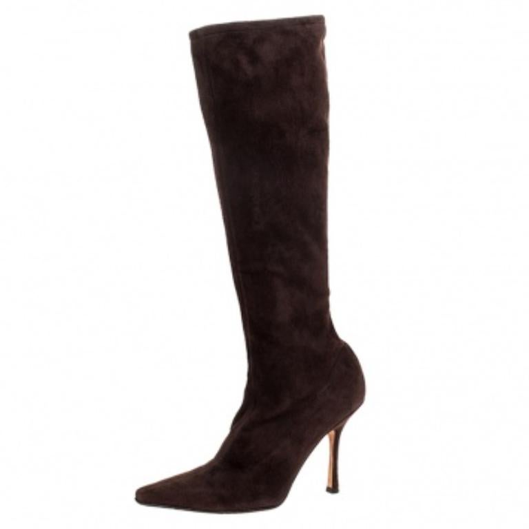 Jimmy Choo Brown Suede Leather Knee Length Pointed Toe Boots Size 38.5 en vente 2