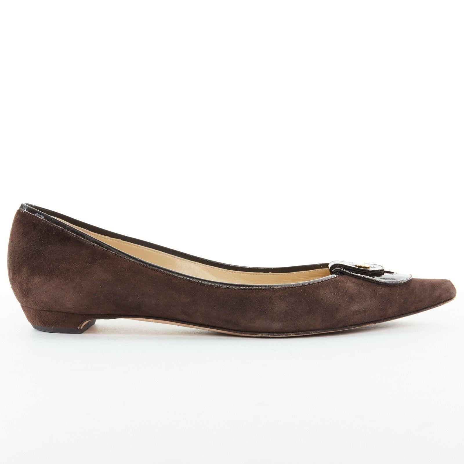 JIMMY CHOO brown suede leather patent detail pointed flat shoes EU37.5 US7.5 
Reference: CC/AECG00169 
Brand: Jimmy Choo 
Designer: Jimmy Choo 
Material: Suede 
Color: Brown 
Pattern: Solid 
Extra Detail: Brown suede leather upper. Brown patent