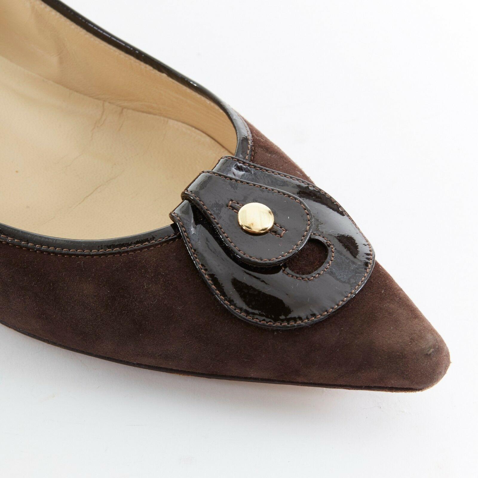 JIMMY CHOO brown suede leather patent detail pointed flat shoes EU37.5 US7.5 2