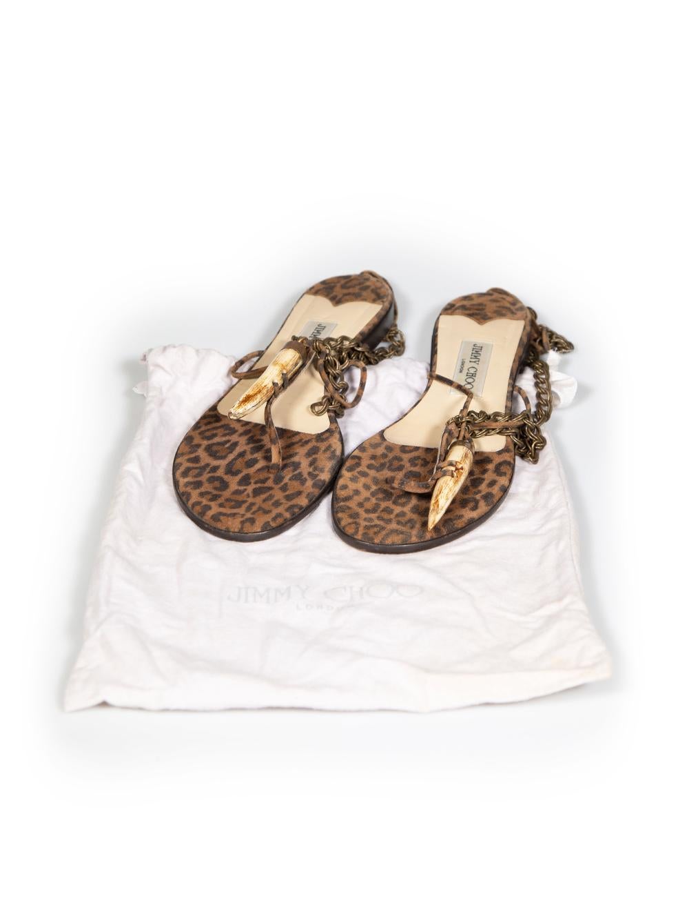 Jimmy Choo Brown Suede Leopard Print Horn Sandals Size IT 39 1