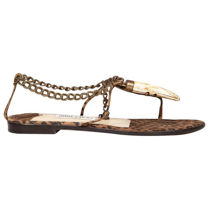 Jimmy Choo Brown Suede Leopard Print Horn Sandals Size IT 39