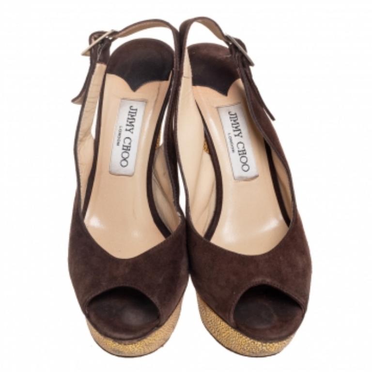 Marron Jimmy Choo Brown Suede Lexy Platform Slingback Sandals Size 38.5 en vente