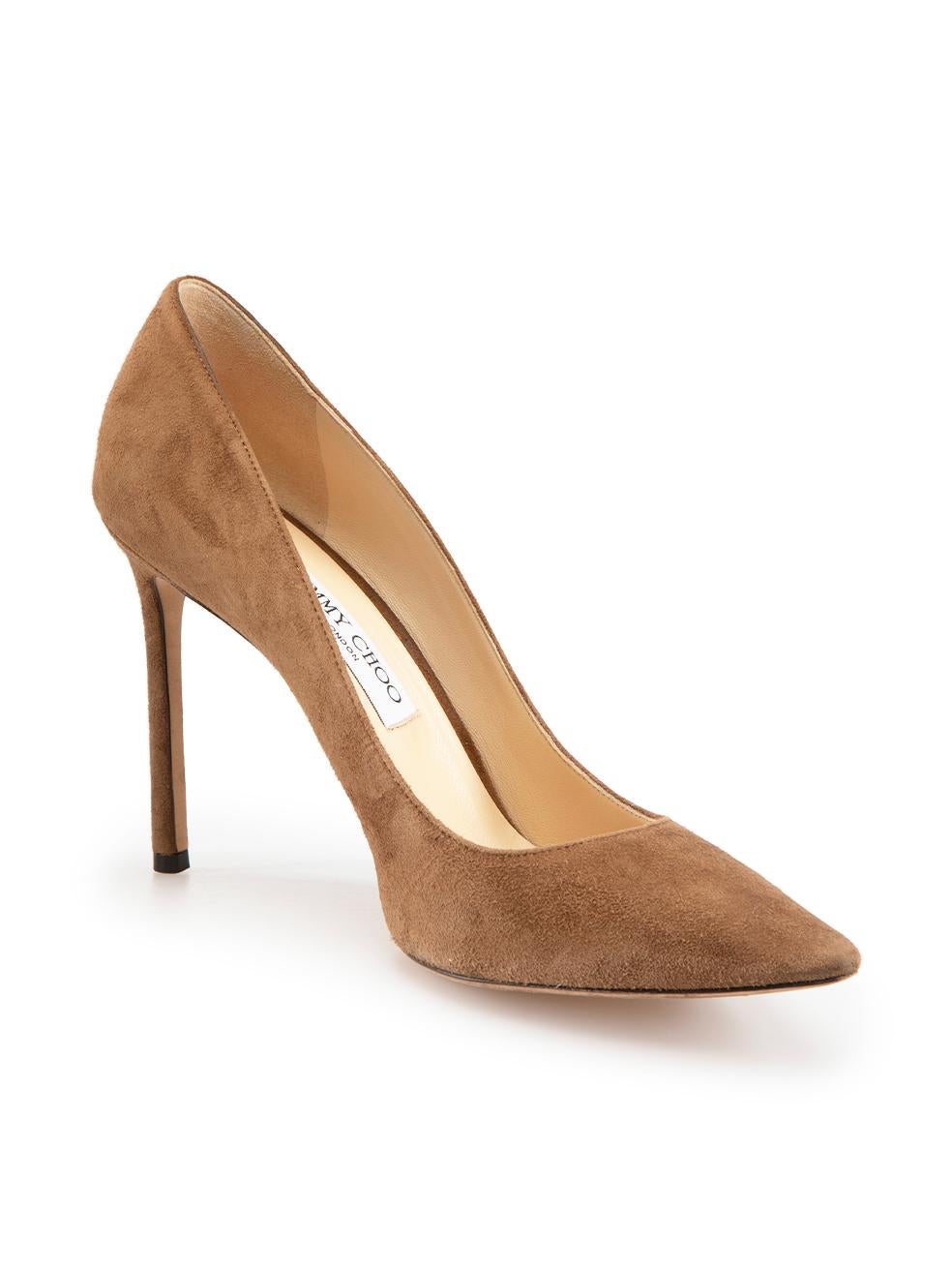 CONDITION is Very good. Minimal wear to shoes is evident. Minimal wear to the right-side of right shoe with light mark to the suede on this used Jimmy Choo designer resale item. These shoes come with original box.

Details
Brown
Suede
Pumps
Point