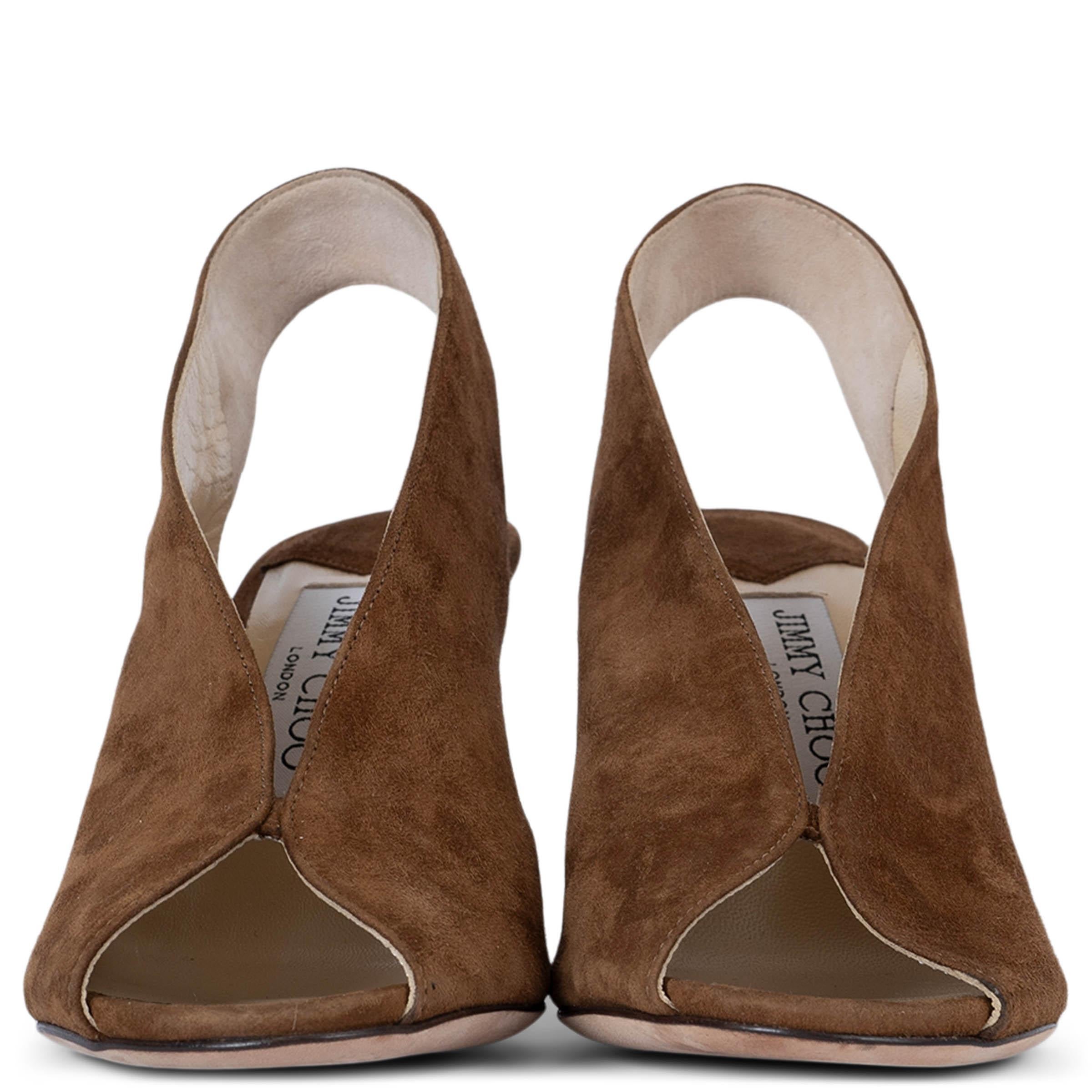 100% authentic Jimmy Choo Shar slingback pumps in cinnamon brown suede. Feature peep-toes and stiletto heels. Have been worn once inside and are in virtually new condition. 

Measurements
Imprinted Size	35
Shoe Size	35.5
Inside Sole	22.5cm
