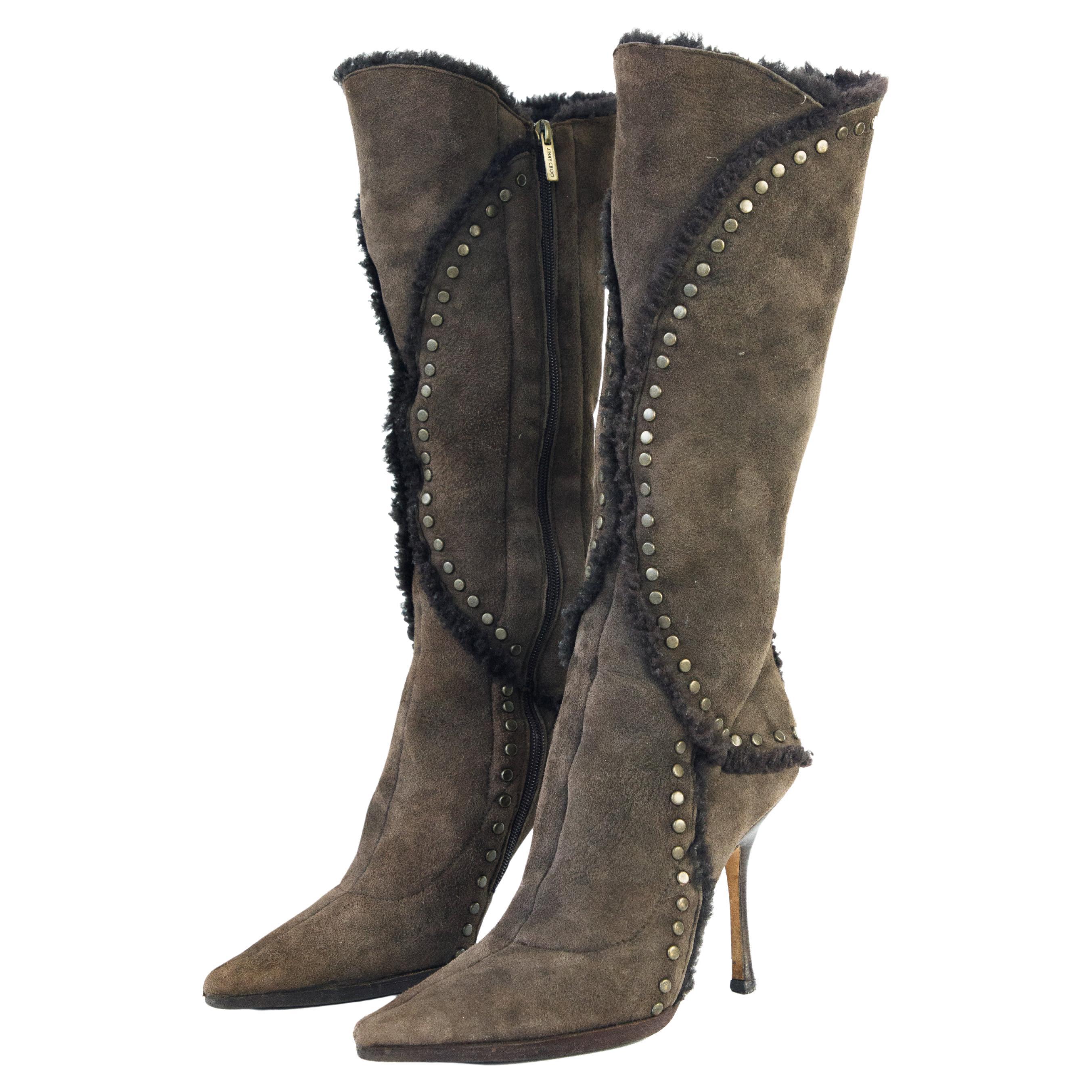 Jimmy Choo Brown Suede Shearling Knee High Boots size 38 For Sale