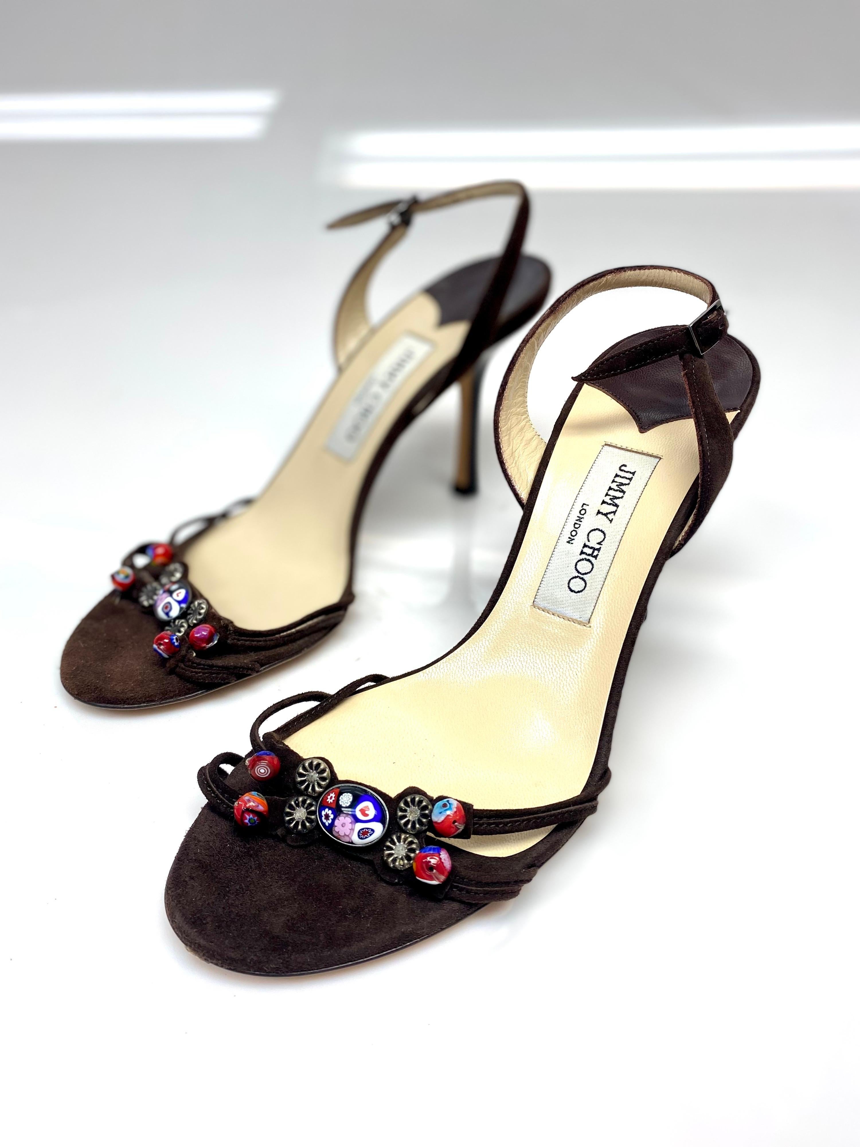 Jimmy Choo Brown Suede Slingback Sandal with Beaded Detailing Size 39 In Good Condition For Sale In West Palm Beach, FL