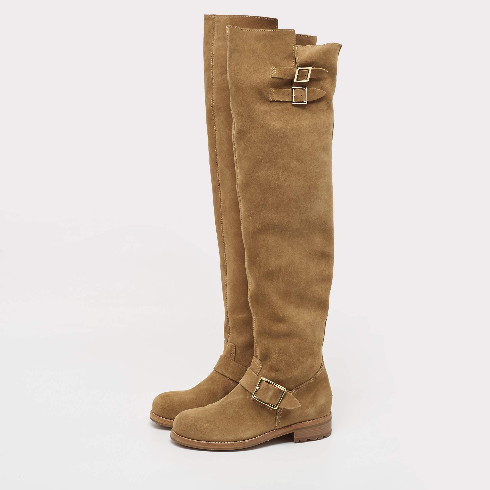 Jimmy Choo Brown Suede Yearn Buckle Over the Knee Boots Size 36 In New Condition For Sale In Dubai, Al Qouz 2