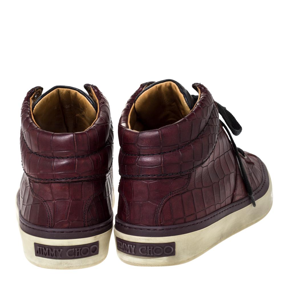 Black Jimmy Choo Burgundy Croc Embossed Leather Belgravia High Top Sneakers Size 42