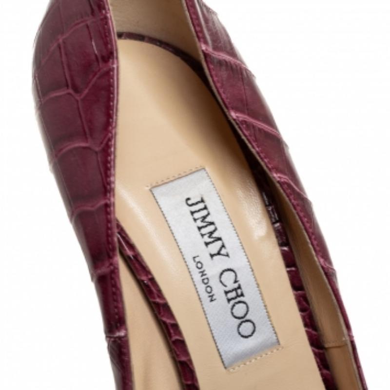Women's Jimmy Choo Burgundy Croc Embossed Leather  Peep Toe Pumps Size 39 For Sale