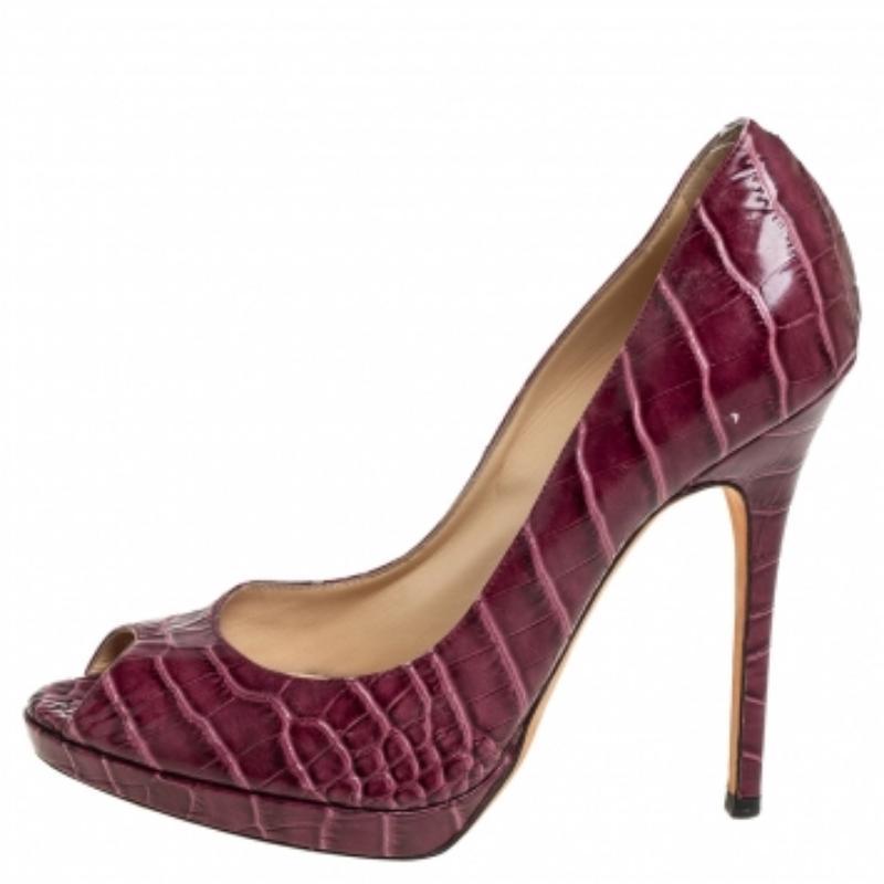 Jimmy Choo Burgundy Croc Embossed Leather  Peep Toe Pumps Size 39 For Sale 1