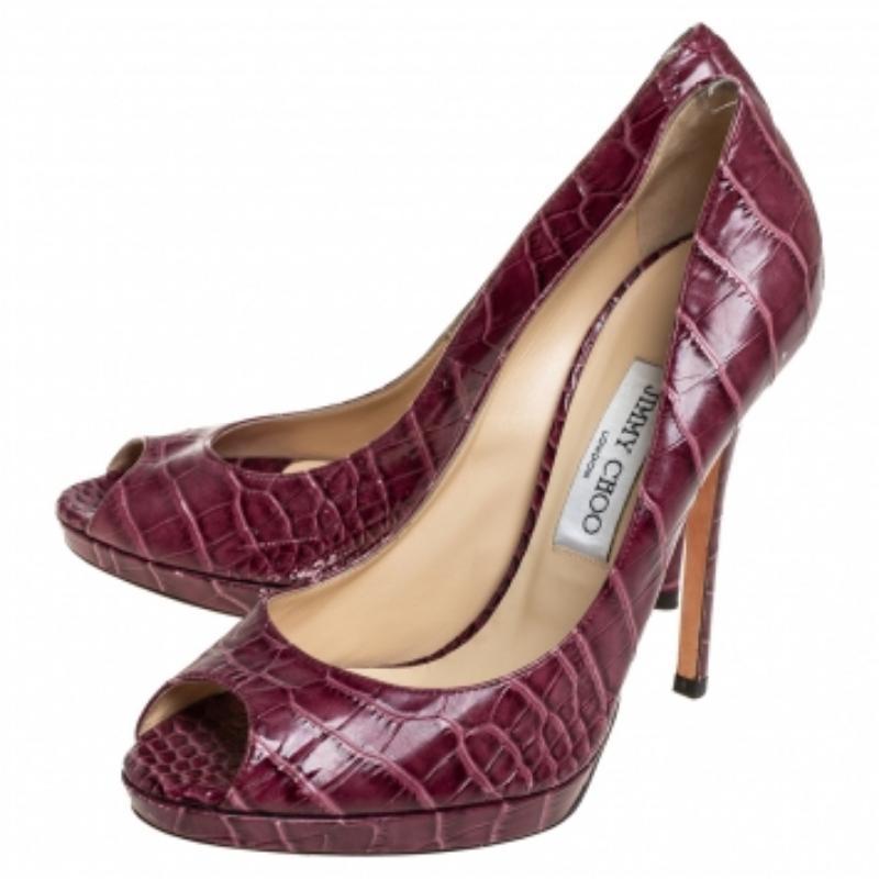 Jimmy Choo Burgundy Croc Embossed Leather  Peep Toe Pumps Size 39 For Sale 2