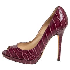 Jimmy Choo Burgundy Croc Embossed Leather Peep Toe Pumps Size 39