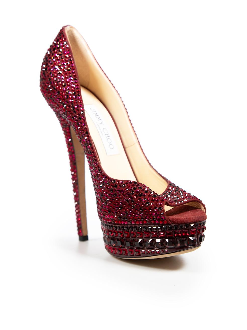 CONDITION is Very good. Minimal wear to the shoes is evident, there is minor discolouration on the front area of the insoles and the front suede panel of this used Jimmy Choo designer resale item.
 
 
 
 Details
 
 
 Burgundy
 
 Suede
 
 Heels
 
