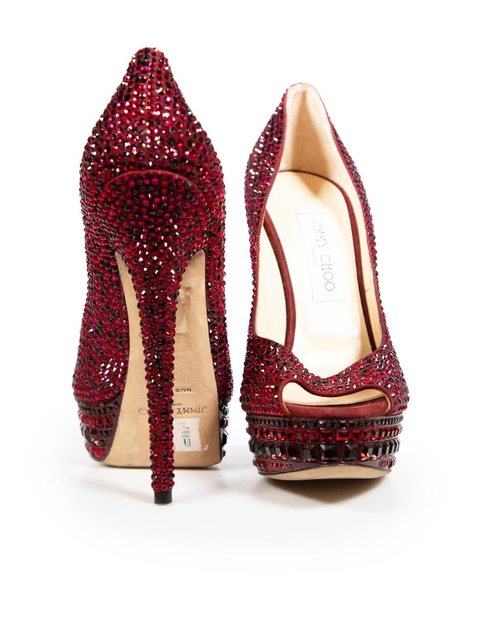 Brown Jimmy Choo Burgundy Crystal Embellished Heels Size IT 39 For Sale