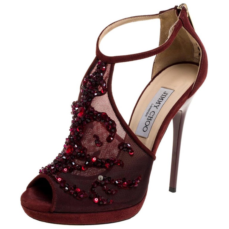 Jimmy Choo Burgundy Embellished Mesh And Suede Sandals Size 37.5 at 1stDibs