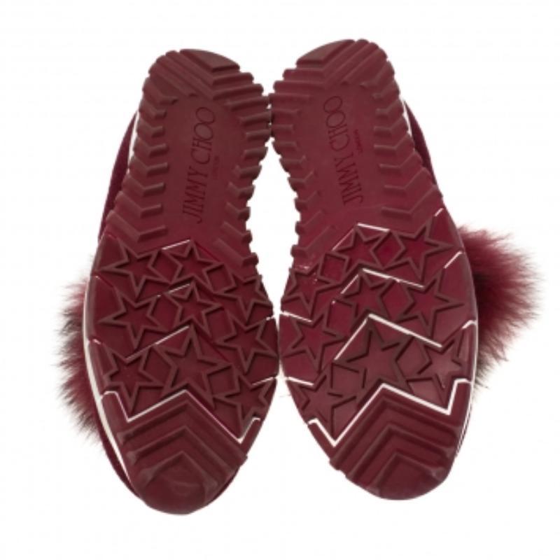 Brown Jimmy Choo Burgundy Knit Fabric And Fur Pom Pom Norway Sneakers Size 38 For Sale