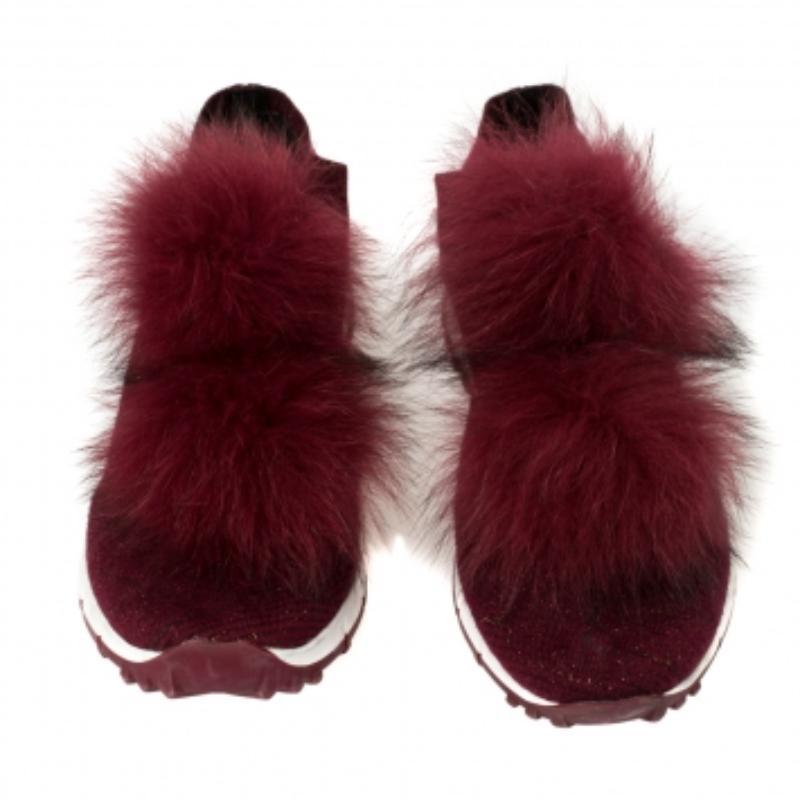 Jimmy Choo Burgundy Knit Fabric And Fur Pom Pom Norway Sneakers Size 38 In Fair Condition For Sale In Dubai, Al Qouz 2