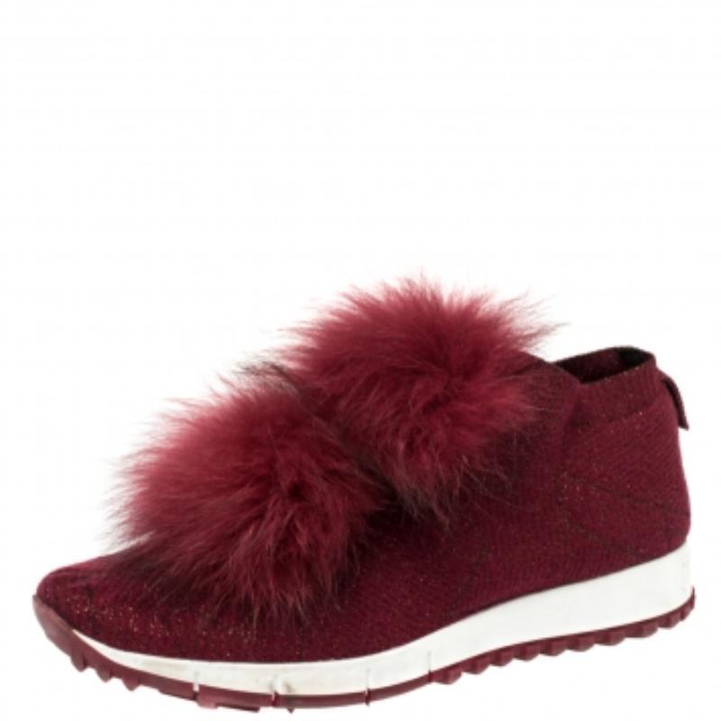 Jimmy Choo Burgundy Knit Fabric And Fur Pom Pom Norway Sneakers Size 38 For Sale 1
