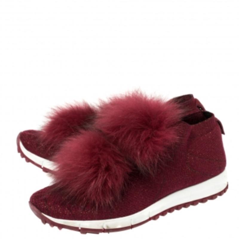 Jimmy Choo Burgundy Knit Fabric And Fur Pom Pom Norway Sneakers Size 38 For Sale 2