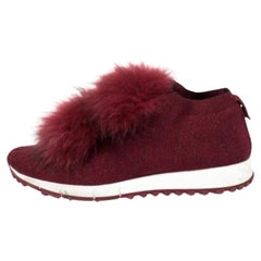 Jimmy Choo Burgundy Knit Fabric And Fur Pom Pom Norway Sneakers Size 38