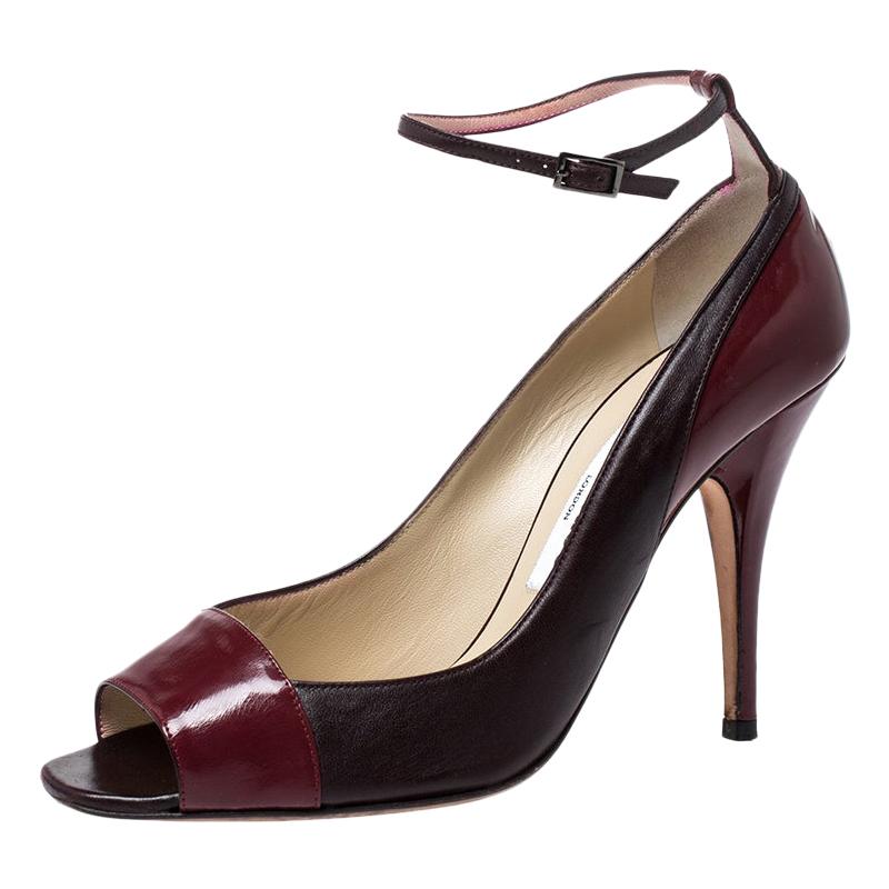 Jimmy Choo Burgundy Leather And Patent Leather Peep Toe Ankle Strap Pumps Size39