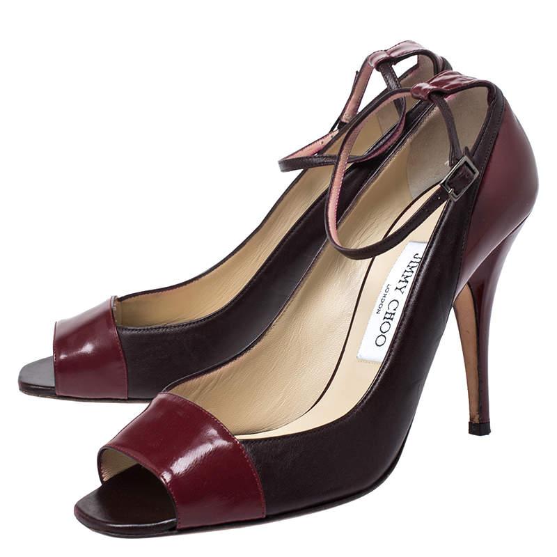 Jimmy Choo Burgundy Leather & Patent Leather Peep Toe Ankle Strap Pumps Size 39 In Good Condition In Dubai, Al Qouz 2