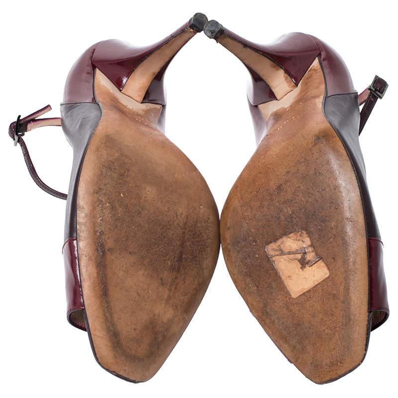 Jimmy Choo Burgundy Leather & Patent Leather Peep Toe Ankle Strap Pumps Size 39 1