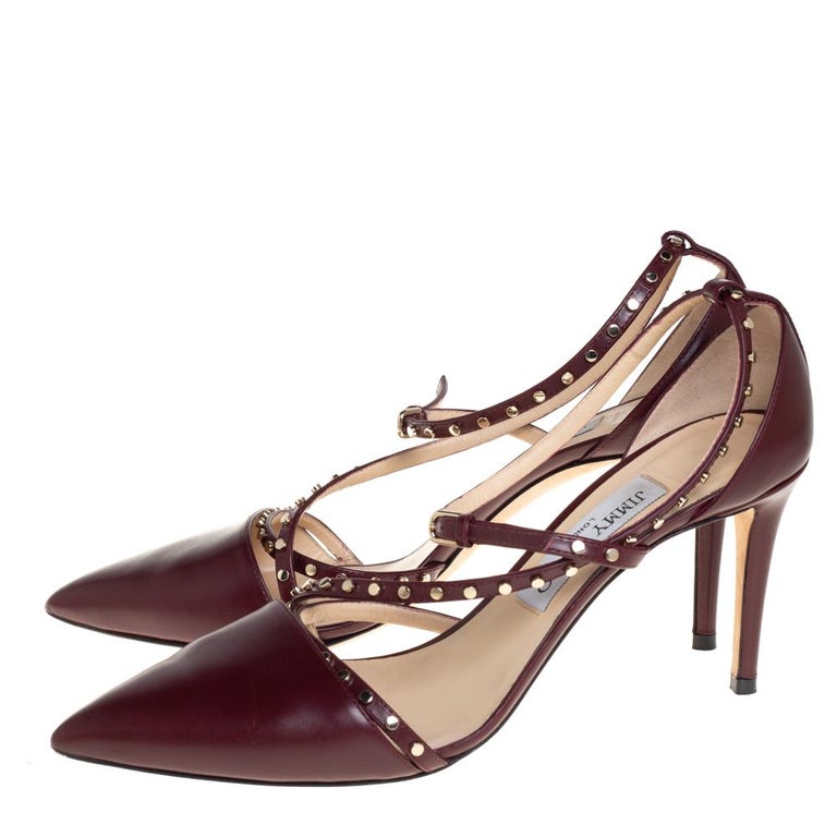 Jimmy Choo Burgundy Leather Studded Tiff Ankle Strap Pumps Size