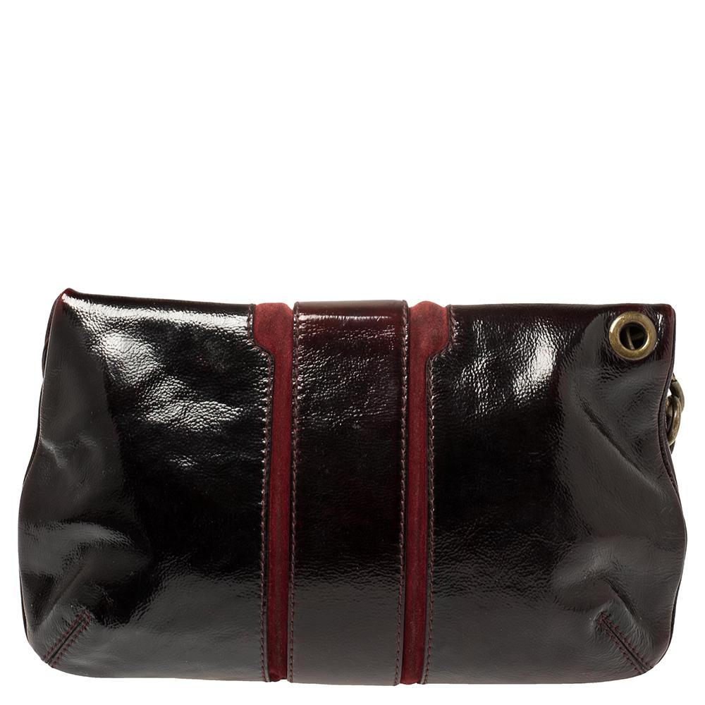 Black Jimmy Choo Burgundy Patent Leather and Suede Mave Foldover Clutch