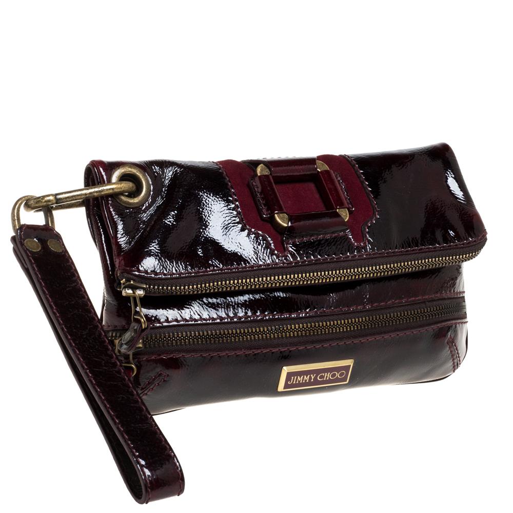Jimmy Choo Burgundy Patent Leather and Suede Mave Foldover Clutch 1
