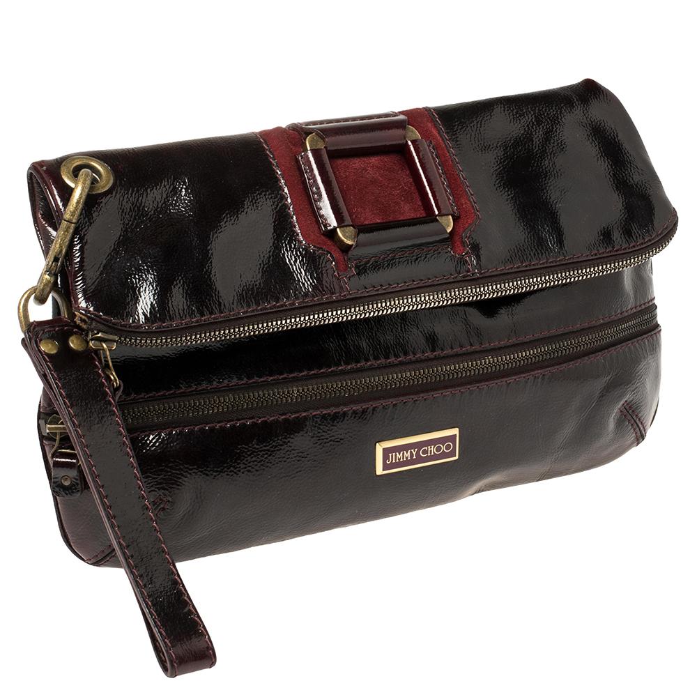 Jimmy Choo Burgundy Patent Leather and Suede Mave Foldover Clutch In Good Condition In Dubai, Al Qouz 2