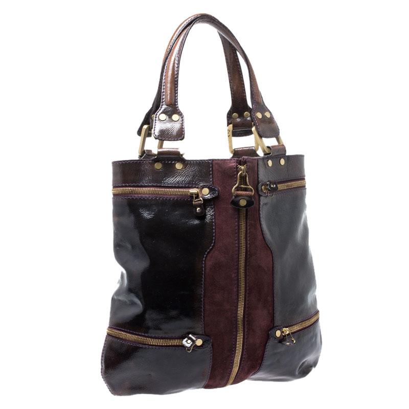 Black Jimmy Choo Burgundy Patent Leather and Suede Mona Tote