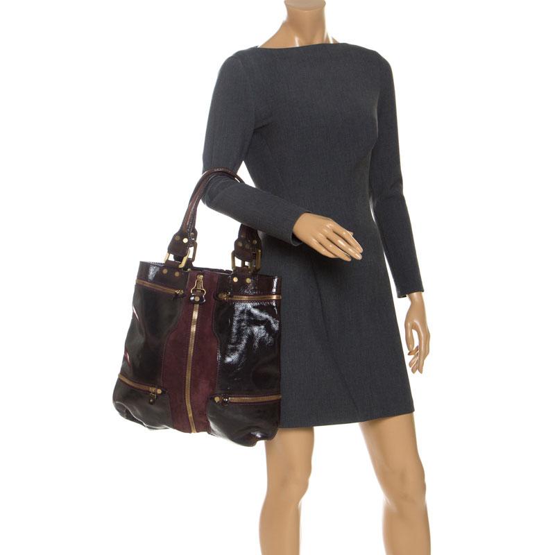 Black Jimmy Choo Burgundy Patent Leather and Suede Mona Tote