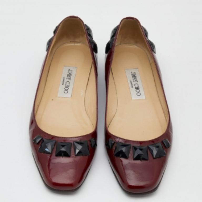 Black Jimmy Choo Burgundy Patent Leather Crystal Watson Ballet Flats Size 37.5 For Sale