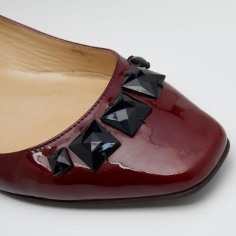 Jimmy Choo Burgundy Patent Leather Crystal Watson Ballet Flats Size 37.5 For Sale 1