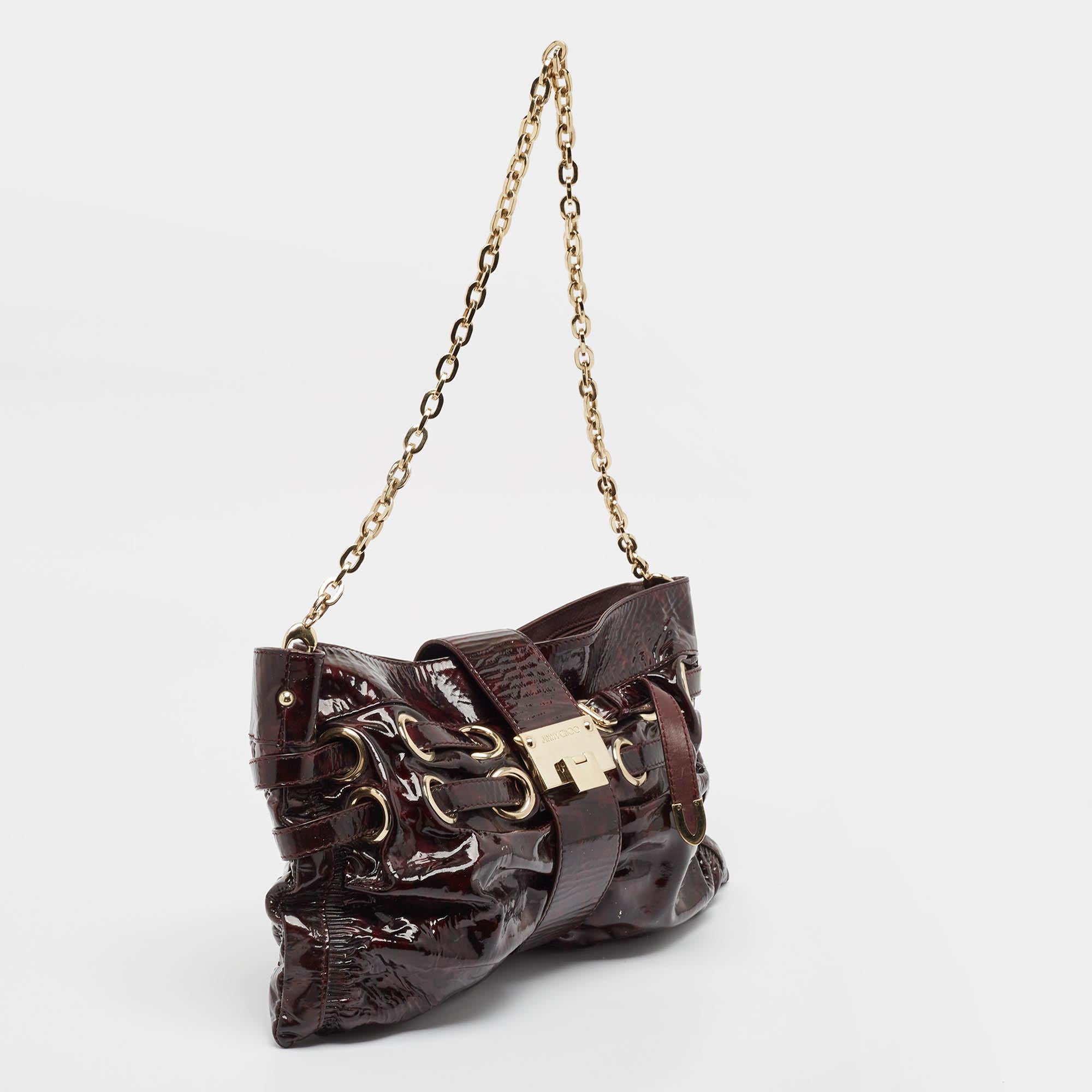 Black Jimmy Choo Burgundy Patent Leather Oversized Rio Chain Clutch