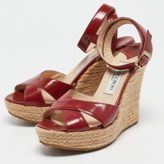 Jimmy Choo Burgundy Patent Leather Phoenix Espadrille Wedge Sandals Size 38