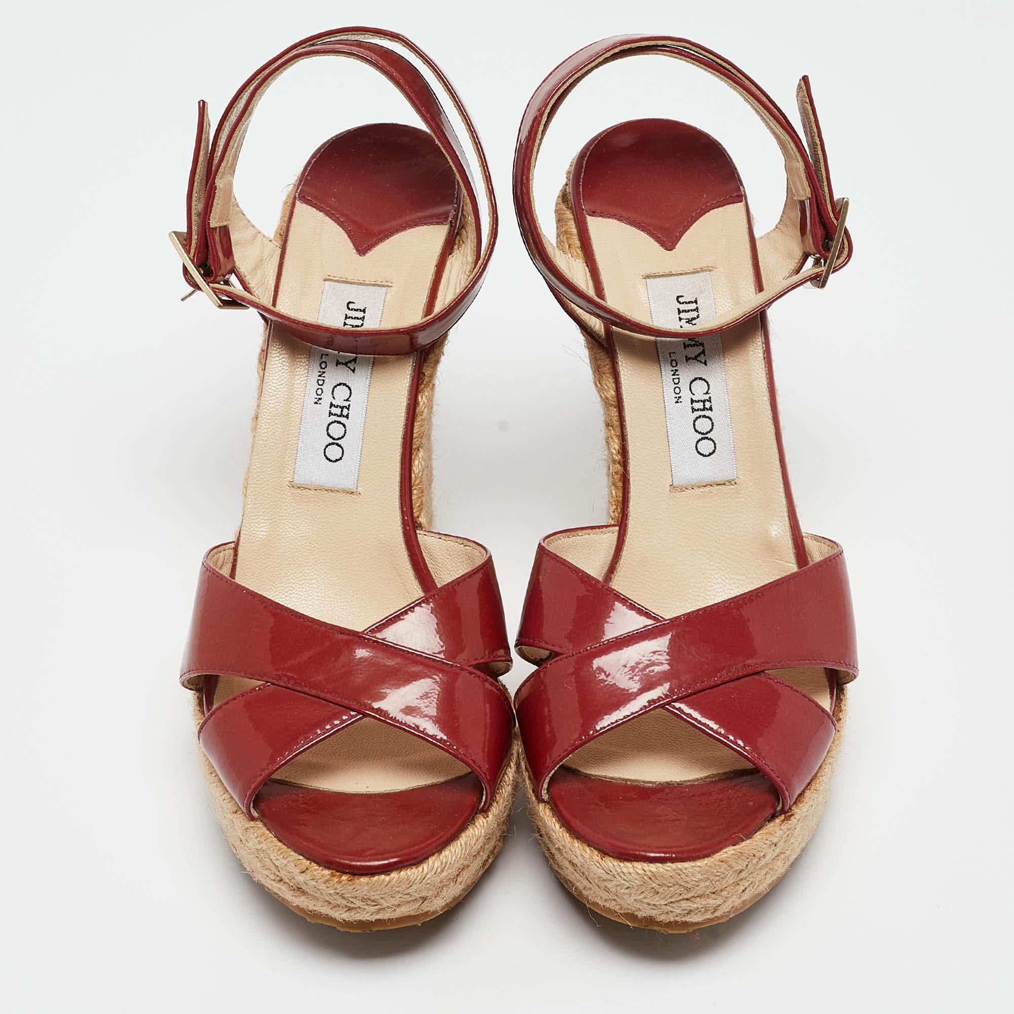 Brown Jimmy Choo Burgundy Patent Leather Phoenix Espadrille Wedge Sandals Size 38 For Sale