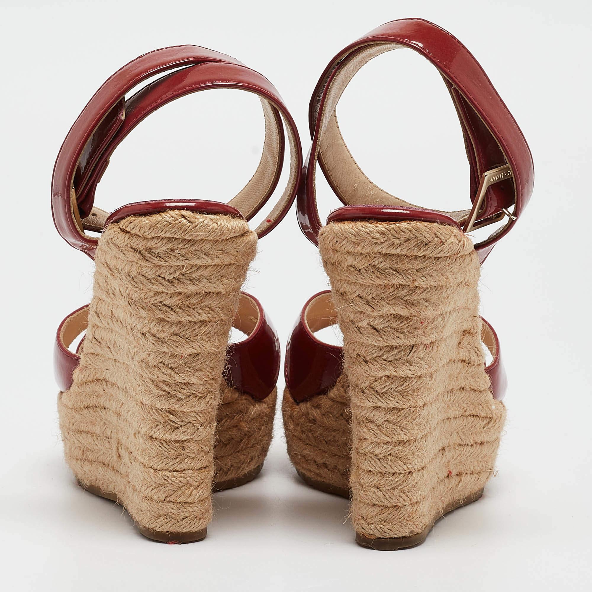 Women's Jimmy Choo Burgundy Patent Leather Phoenix Espadrille Wedge Sandals Size 38 For Sale
