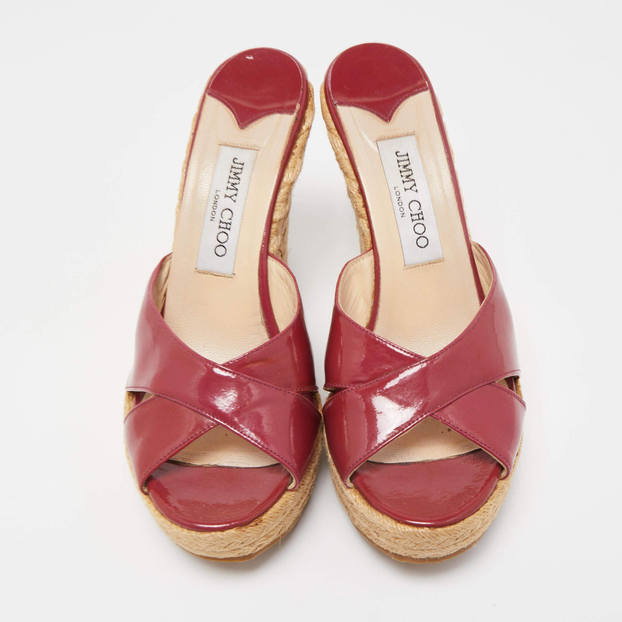 Women's Jimmy Choo Burgundy Patent Phyllis Wedge Sandals Size 39