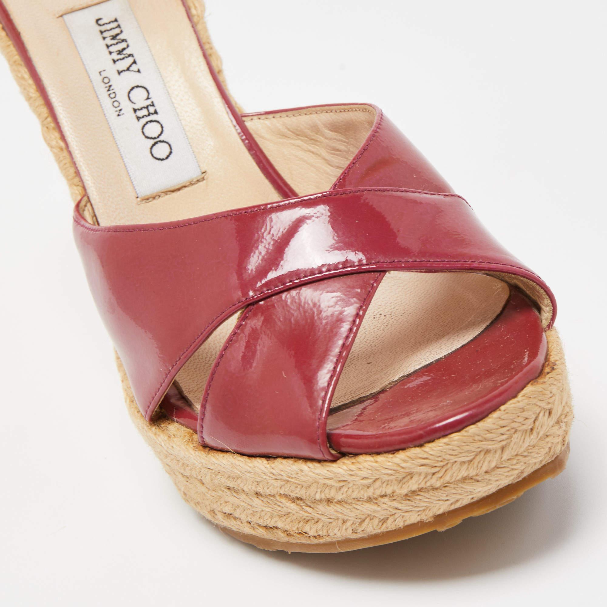 Jimmy Choo Burgundy Patent Phyllis Wedge Sandals Size 39 4