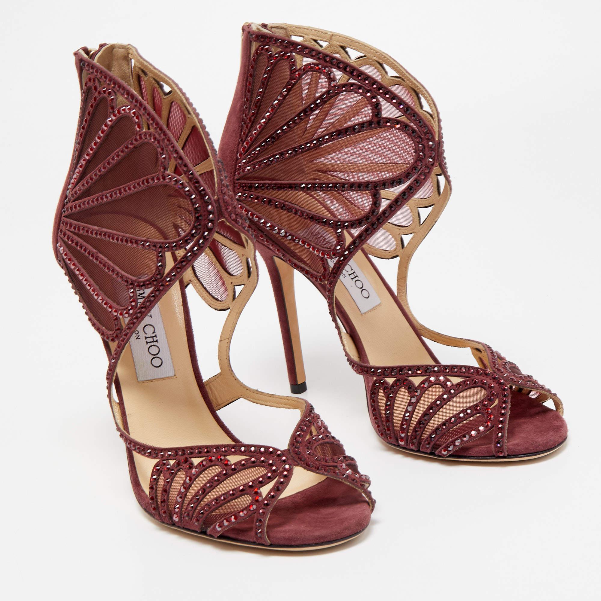 Jimmy Choo Burgundy Suede and Crystal Embellished Mesh Open Toe Sandals Size 39 1