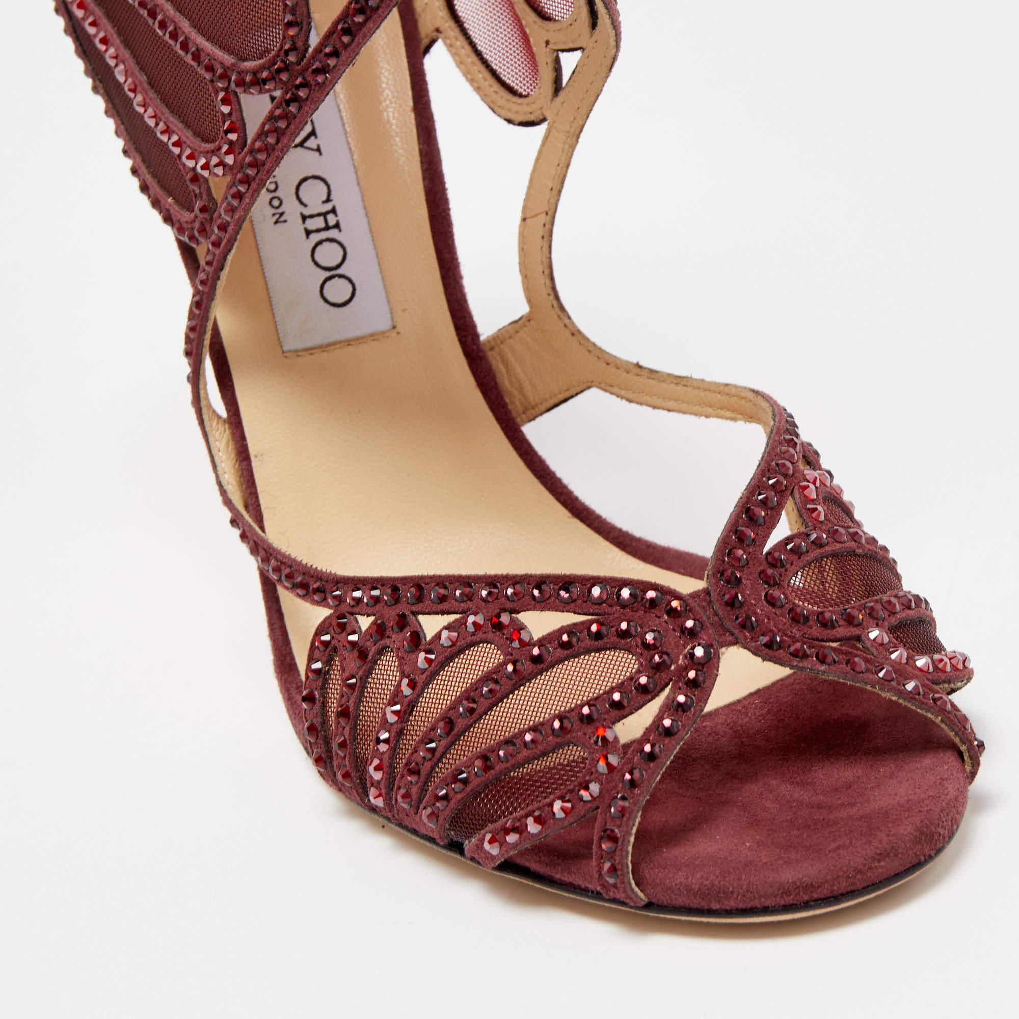 Jimmy Choo Burgundy Suede and Crystal Embellished Mesh Open Toe Sandals Size 39 3