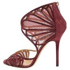 Jimmy Choo Burgundy Suede and Crystal Embellished Mesh Open Toe Sandals Size 39