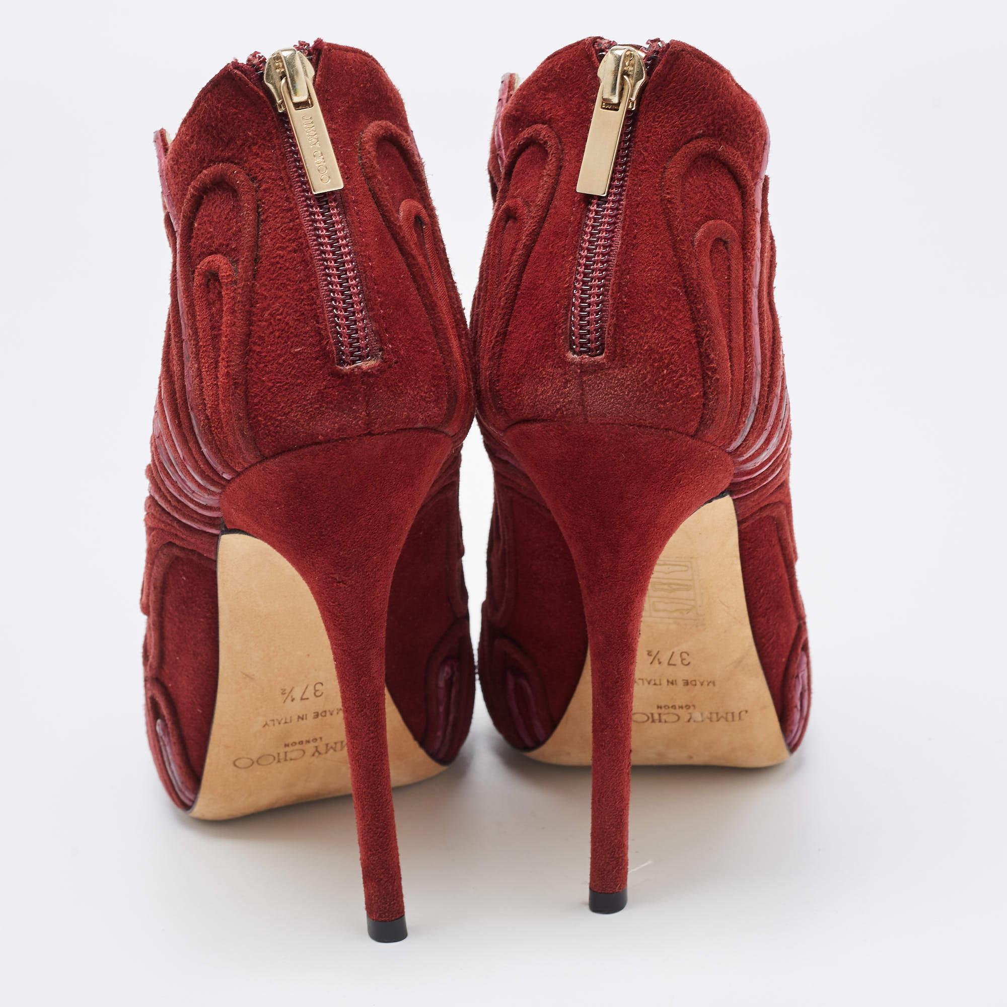 Brown Jimmy Choo Burgundy Suede Cut Out Open Toe Ankle Booties Size 37.5 For Sale