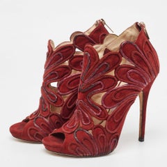 Jimmy Choo Burgundy Suede Floral Cut Out Peep Toe Ankle Booties Size 38
