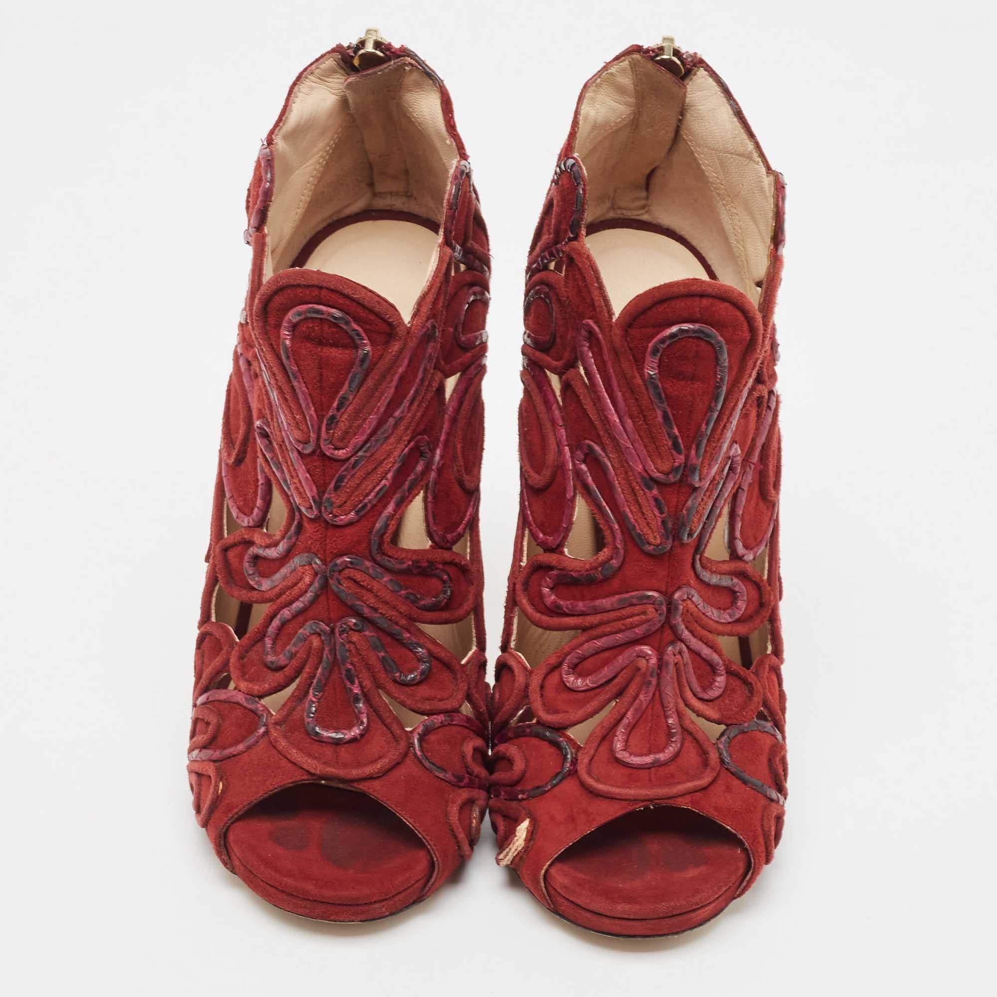 Brown Jimmy Choo Burgundy Suede Floral Cut Out Peep Toe Ankle Booties Size 38 For Sale