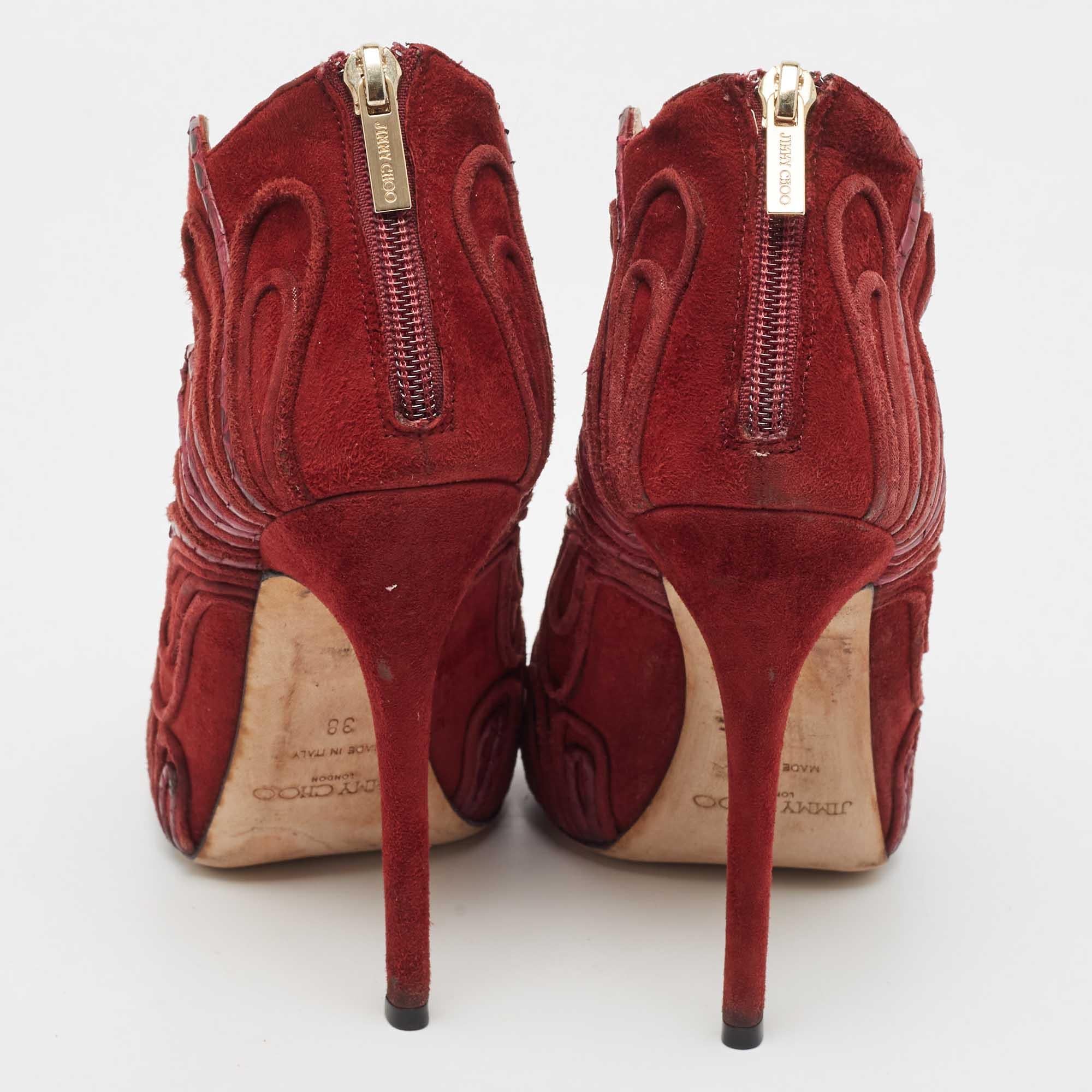 Women's Jimmy Choo Burgundy Suede Floral Cut Out Peep Toe Ankle Booties Size 38 For Sale